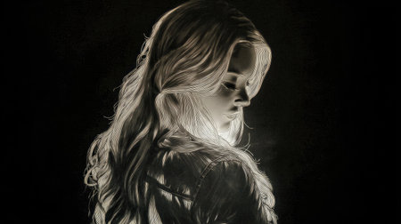 Portrait of a beautiful girl with long hair in a dark roomの素材