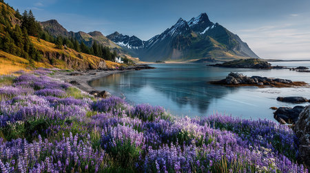 Lupins blooming on the shore of Lofoten islands, Norwayの素材