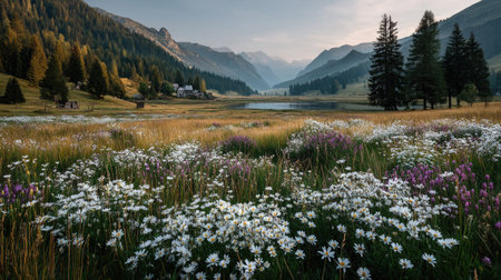 Alpine meadow with chamomile flowers in Dolomites, Italyの素材