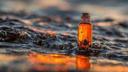 A bottle of essential oil on the shore of the lake at sunsetの素材