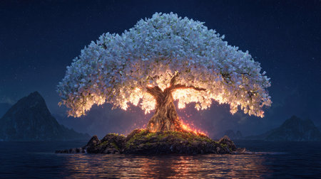 Tree on the island in the sea at night. 3d renderingの素材