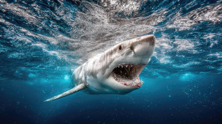 Great White Shark (Carcharodon carcharias) in blue waterの素材
