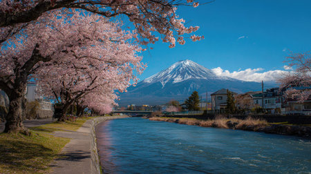 Mt Fuji and Cherry Blossom at Kawaguchiko River in Japanの素材