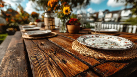Empty plates on a wooden table in a terrace with flowers.の素材