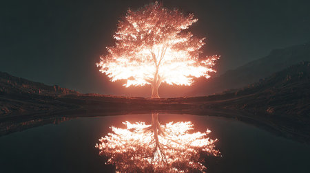 3d illustration of a tree reflecting in a lake at night.の素材