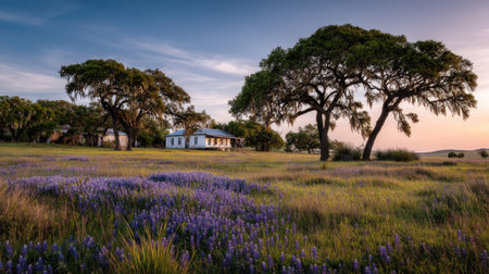Lavender field and old house at sunset in South Carolina.の素材