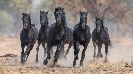 Herd of black horses galloping in the desert. Spain.の素材