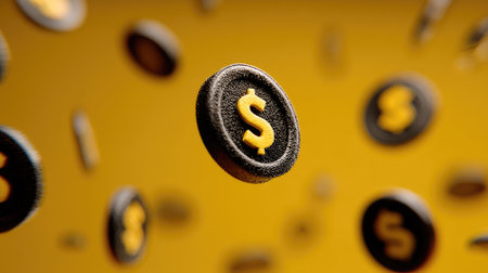 Dollar sign on black button on yellow background. 3d illustrationの素材