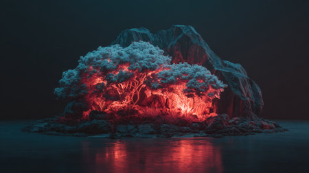 Volcanic island in the ocean at night with fog. 3d renderingの素材