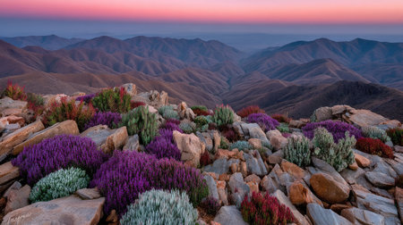 Sunset over the desert of California with purple flowers in the foregroundの素材