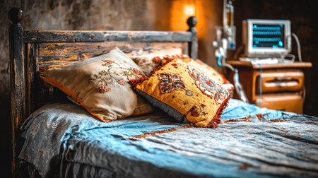 Bed with pillows in the interior of a rustic country houseの素材