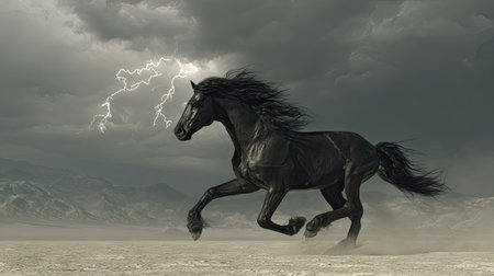 Black horse galloping in the desert with stormy sky and lightningの素材