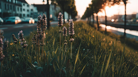 Lavender flowers on the background of the road at sunset.の素材