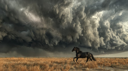 Horse in the field and stormy sky. Panoramic image.の素材