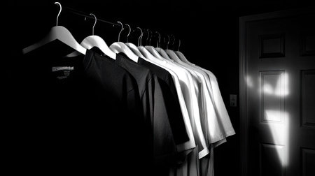 Black and white clothes hanging on a hanger in a dark roomの素材