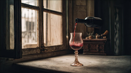 Red wine pouring into a glass on the windowsill in the old houseの素材