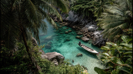 Tropical beach with palm trees and a boat, Seychellesの素材
