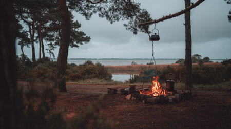 Camping on the lake. Camping on the lake in the forest.の素材