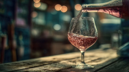 Wine pouring into a wineglass on a wooden table in a pubの素材