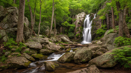 Waterfall in a green forest with rocks and plants on the foregroundの素材