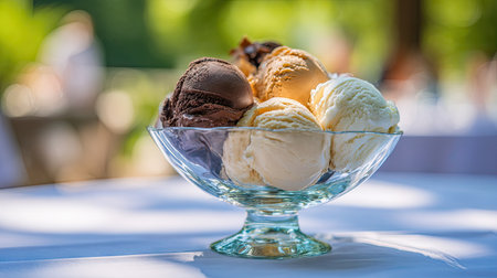 Close up of ice cream scoops in a glass bowl on tableの素材