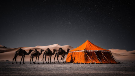 Camel caravan in the Sahara desert at night. 3d renderingの素材