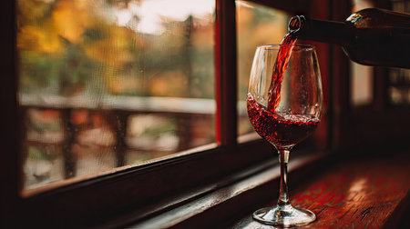 Wineglass with red wine on the windowsill in the eveningの素材