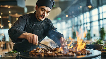 Chef cooking a barbecue in a restaurant kitchen, close up viewの素材