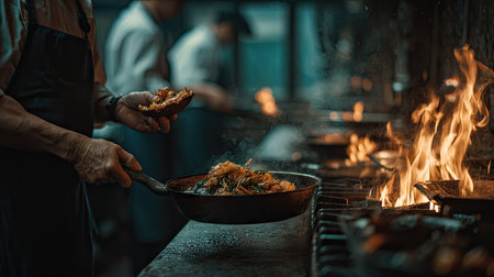 Chef cooking in a restaurant kitchen. Chef preparing food on the fireの素材
