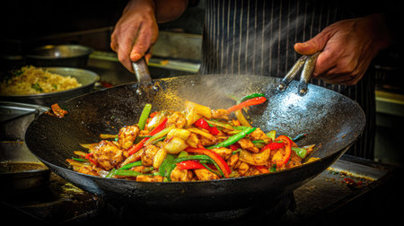 Stir fried chicken with chilli and pepper in a wokの素材