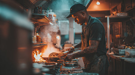 Handsome black man cooking food in the kitchen of a restaurantの素材