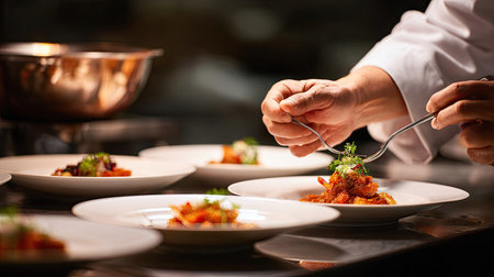 Chef preparing food in the restaurant kitchen, closeup of handsの素材