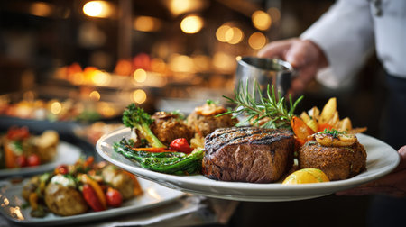 Grilled steak with potatoes and vegetables on a plate in a restaurantの素材