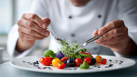 Close up of a chef garnishing a plate with mixed fruits and vegetablesの素材