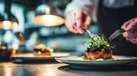 Chef holding a fork in his hand and eating a steak in a restaurantの素材