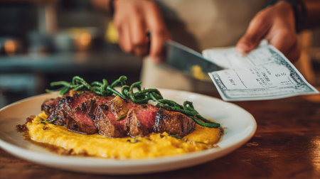 Chef cutting steak with a knife on a plate in a restaurantの素材