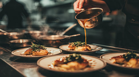 Chef preparing a dish in the kitchen of a restaurant or hotelの素材