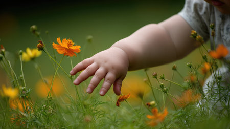 Close up of a child's hand reaching for a flower in the gardenの素材