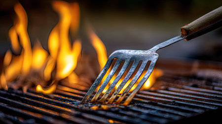 Closeup of a fork on a barbecue grill with flames in the backgroundの素材