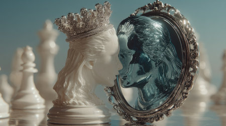 Chess queen with a mirror on the background of chess pieces.の素材