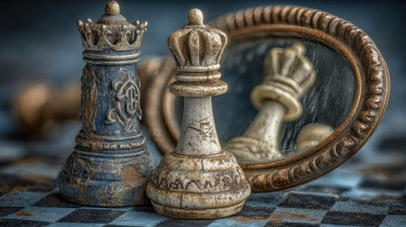 Chess figures on a chessboard. Black and white photo.の素材