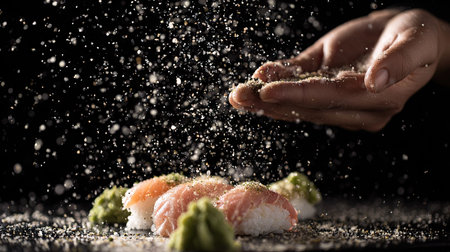 Closeup of female chef preparing sushi roll with flying ingredients on black backgroundの素材
