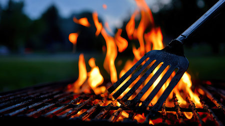 Close-up of a barbecue grill with a metal fork in the foregroundの素材