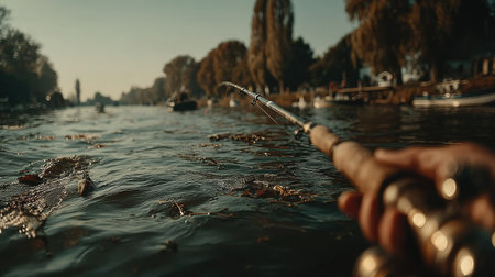 Fishing rod in the middle of the water. Close up.の素材