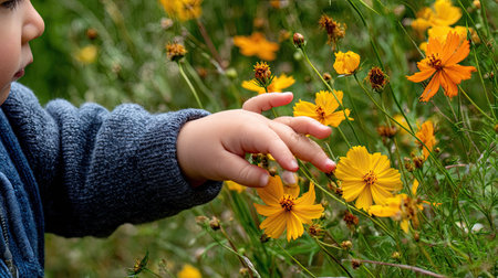Child's hand touching yellow flowers in the meadow. Selective focus.の素材