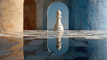 Chess king on a marble floor with reflection in the mirror.の素材