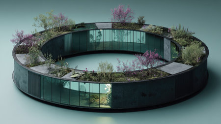 3d rendering of a round terrace with a view of the gardenの素材
