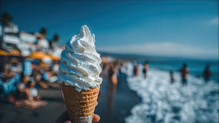 Ice cream in a waffle cone on the beach. Selective focus.の素材