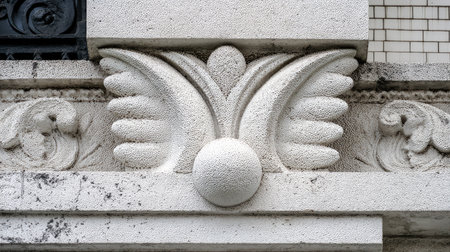 Detail of a stone sculpture on the facade of a building.の素材