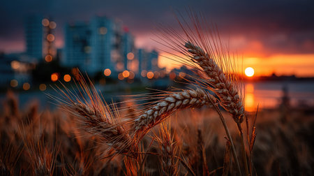 Spikelets of wheat on the background of the city at sunsetの素材